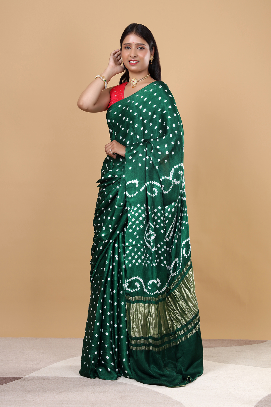 V Glame Solid Bottle Green Gajji Bandhej Saree with Full Bandhej Zari Pallu